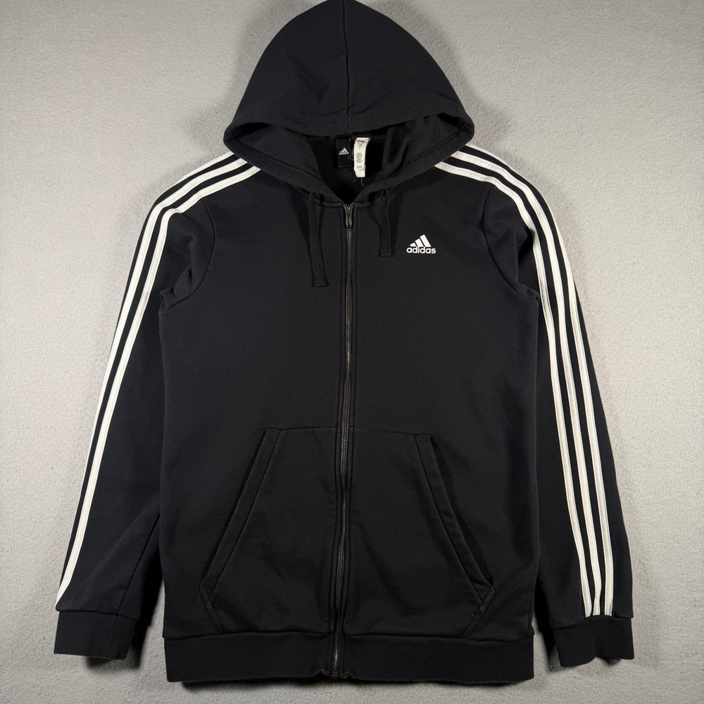 Adidas Mens Essentials 3-Stripes Full Zip Hoodie Black White BR3219 Size LT